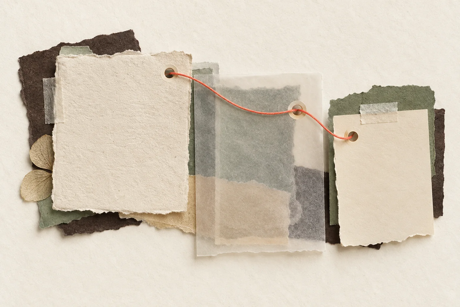 Layered paper pieces joined by a thread to represent source provenance