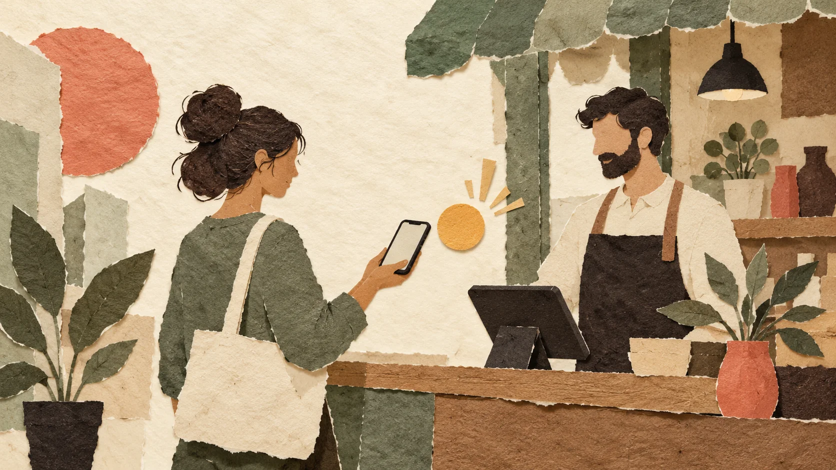 Conceptual paper collage of a customer and shopkeeper discussing a digital payment