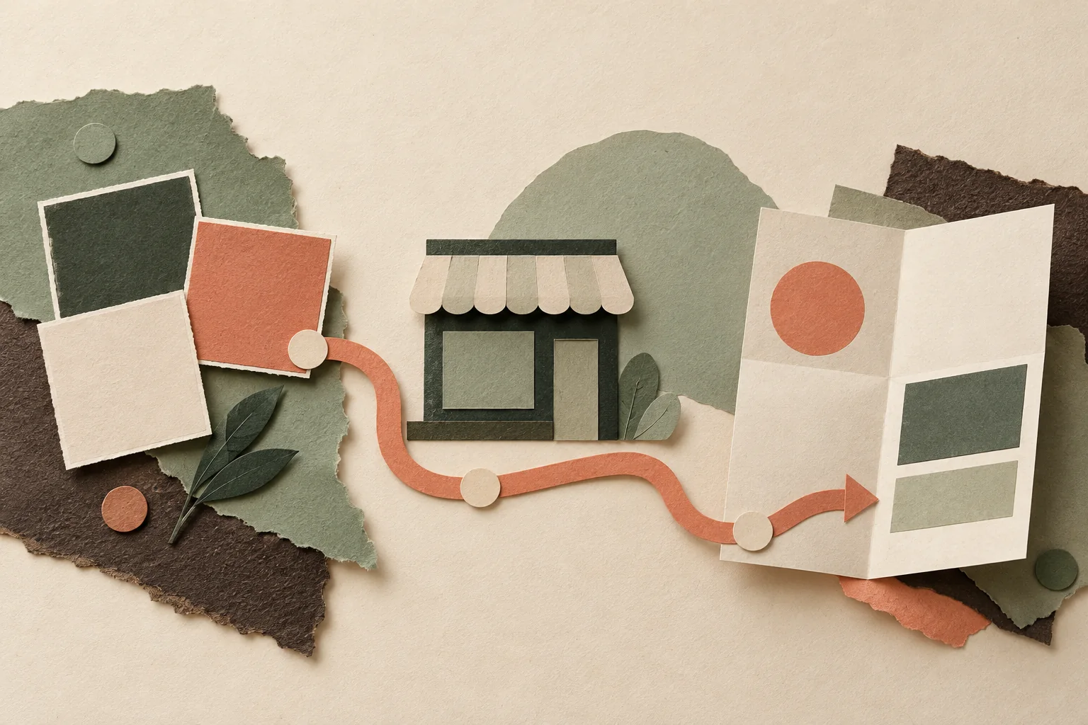 Conceptual collage linking a small shop, a marketing brief and a customer route